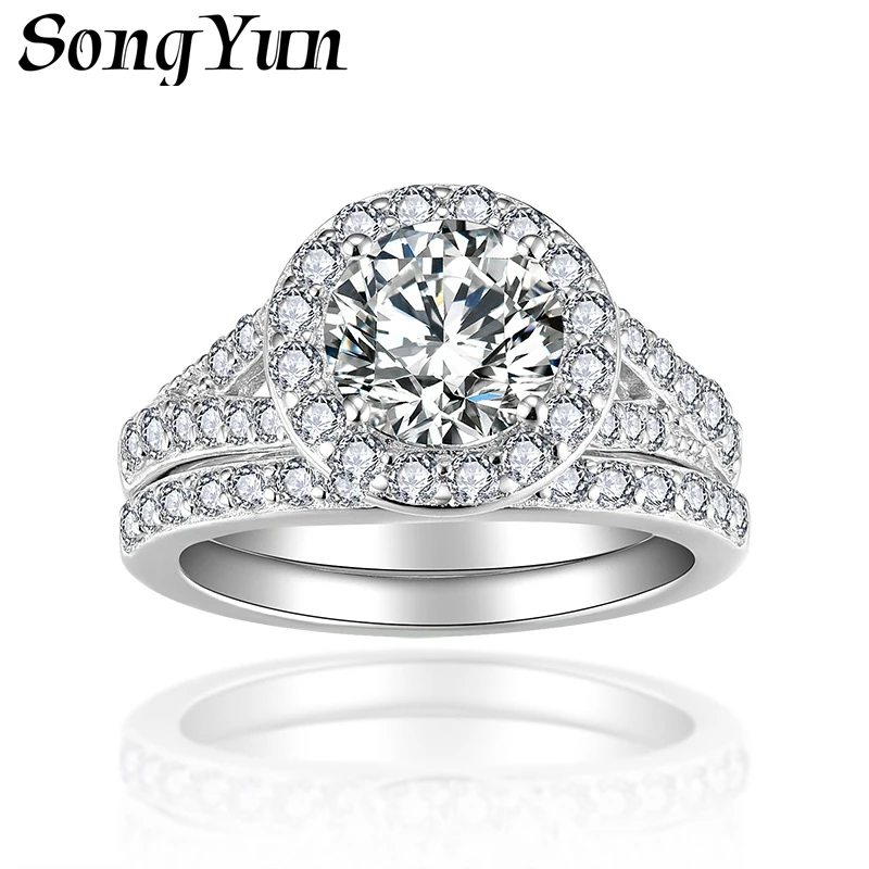 SONGYUN Moissanite Diamond Jewelry Women's 1.5 Carat 7.5mm Moissanite Stackable Ring Set S925 Silver with 18K Gold Plating