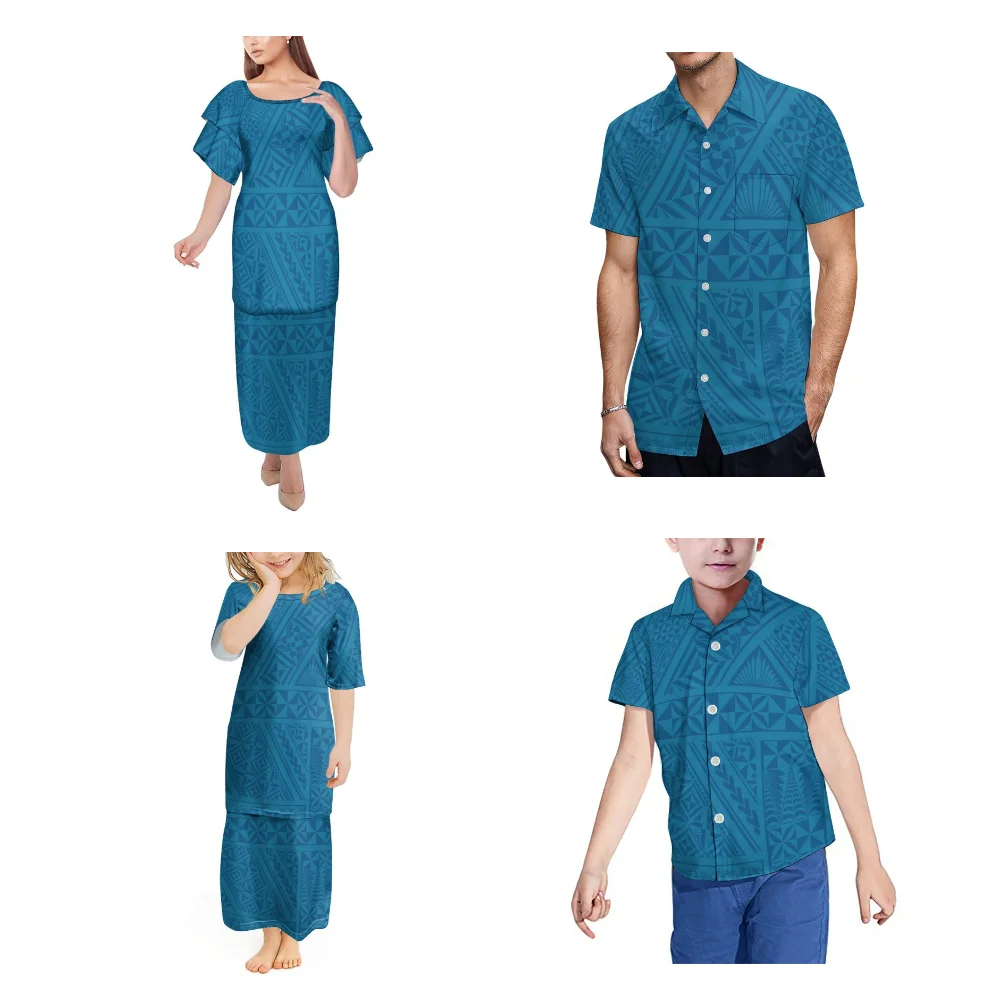 Abbigliamento per la famiglia personalizzato in stile tribale polinesiano Set per le vacanze da viaggio Abito Puletasi per madre-figlia Camicia casual per padre e figlio