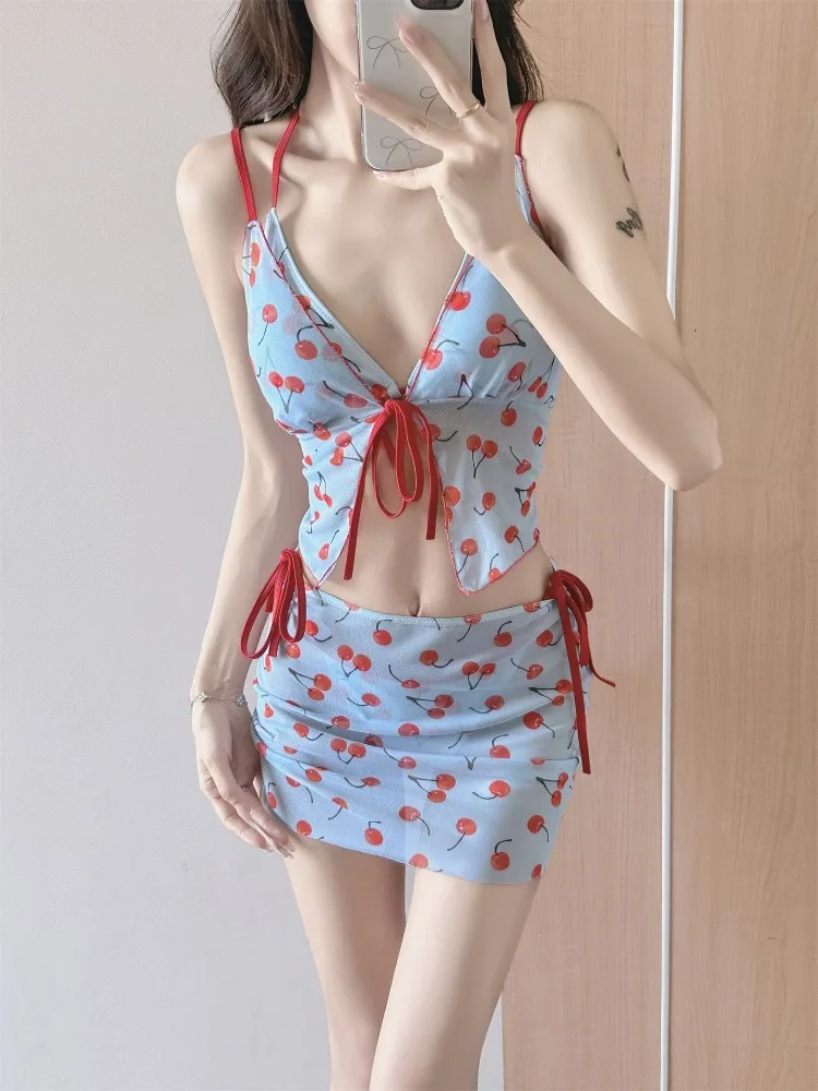

Милое бикини с открытой спиной, синий вишневый принт в стиле ретро, мягкий купальник с высокой талией, летний женский купальник с глубоким v-образным вырезом, беспроводной купальник