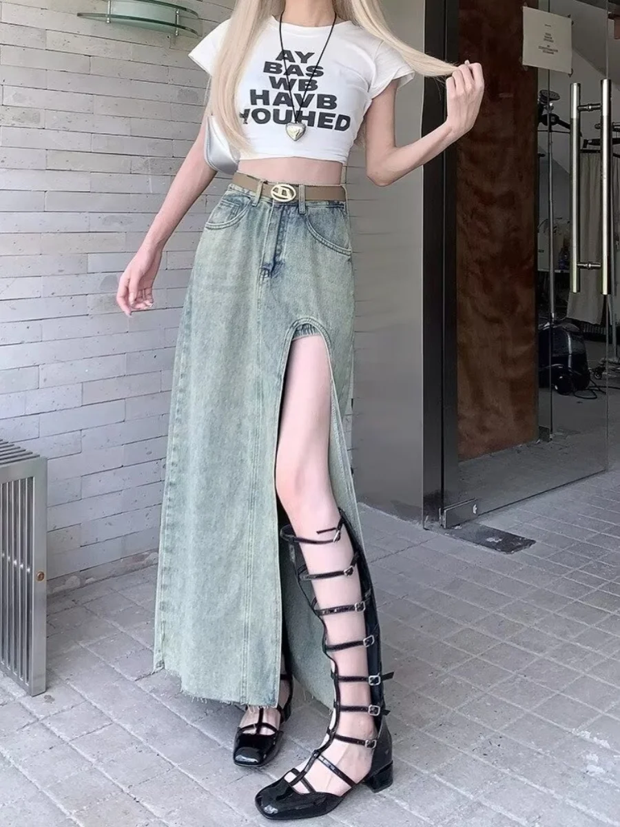 

Американская джинсовая юбка в стиле ретро, женская юбка трапециевидной формы с высокой талией и разрезом, летний новый дизайн, утягивающая длина миди, сексуальный чистый цвет