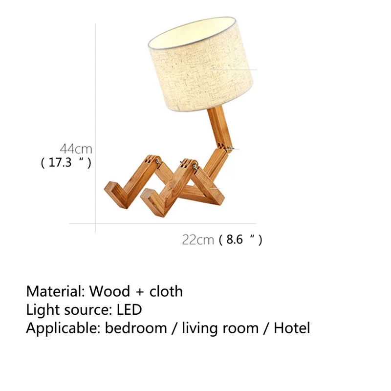 Lampe de table LED humanoïde en bois créative, lampe de table décorative nordique, adaptée à la chambre familiale, à l'étude, au salon