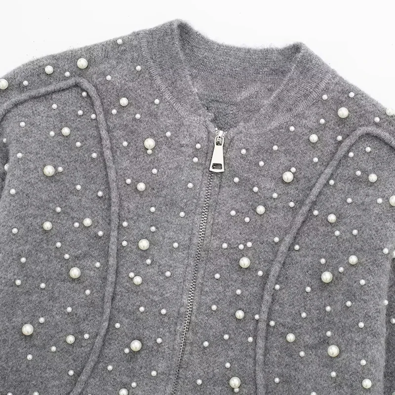 Women's Cardigan Sweaters Pearl Knitted Jackets Knitwear Long Sleeve Jumpers Knit Jackets 2024 Gray Woman Sweaters Jacket