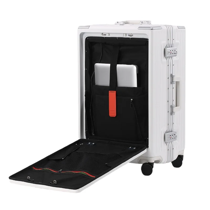 Estojo de viagem multifuncional com 24 quadros de alumínio, interface de carregamento duplo USB, abertura frontal, compartimento para computador e compu