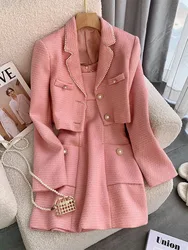 Autumn New French Women Temperament Blazer Jackets Coat+Sling Tank Mini Dress Two Piece Set Pearls Buttons Tweed Outfits Female