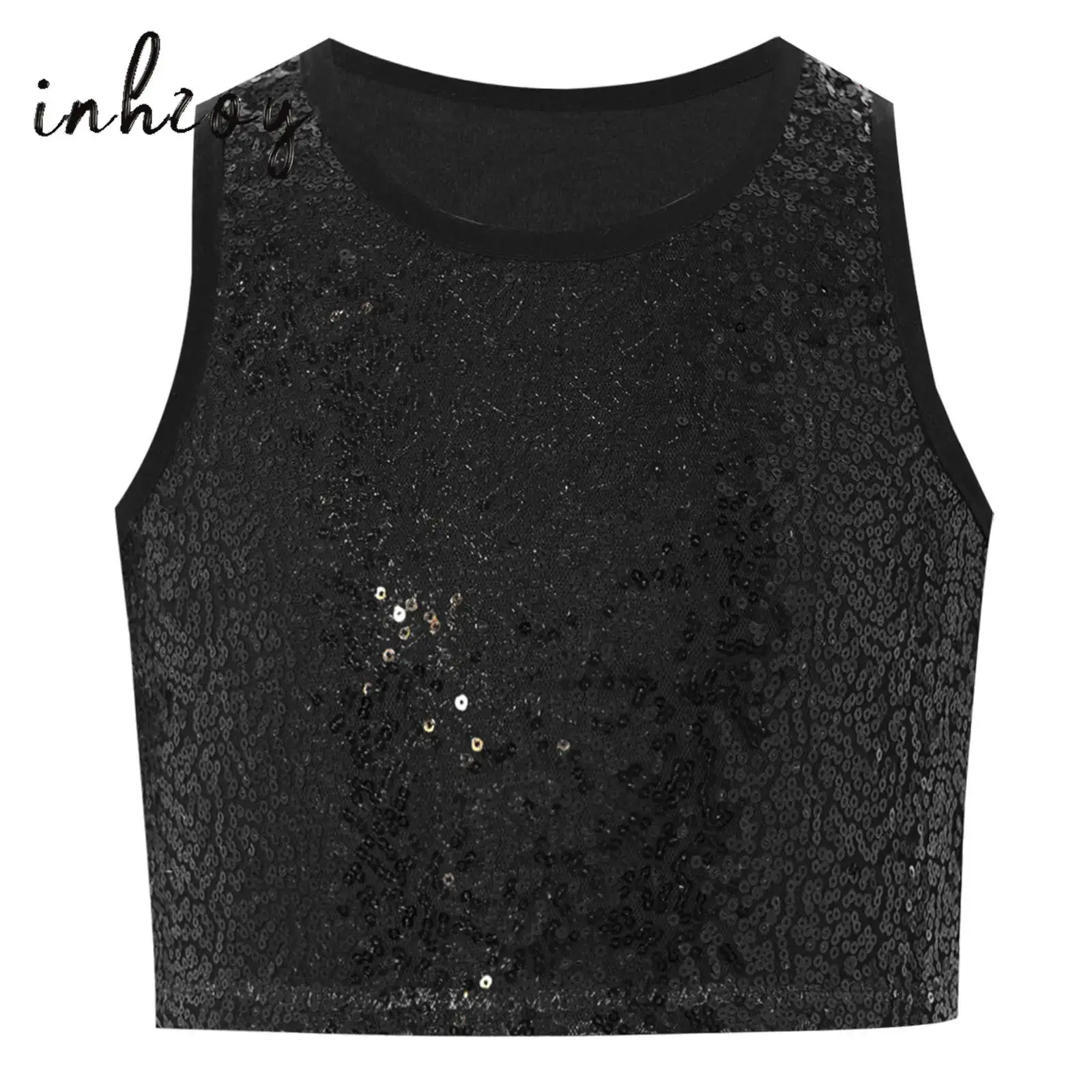 

Kids Girls Sparkling Sequins Jazz Dance Tank Top Round Neck Sleeveless Solid Vest School Stage Performance Crop Tops Dancewear
