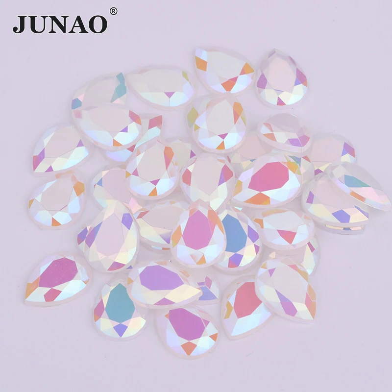 JUNAO 10*14mm 13*18mm Pink AB Teardrop Rhinestone Applique Flat Back Acrylic Strass Crystal Non Hotfix Stones for Dress Crafts