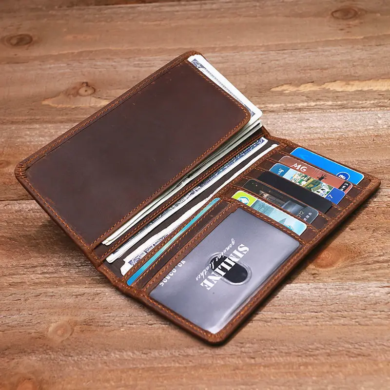 Men's Long Wallet Retro Genuine Leather Cowhide Crazy Horse Thin Cash Money Card Photo Coin Purse Holder For Man Gift B199