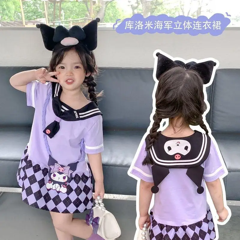 Kawaii Sanrioed Anime Kuromi Girl Dress Children Navy Neck Skirt Summer Short Sleeve Cartoon Color Block Skirt Children Clothes