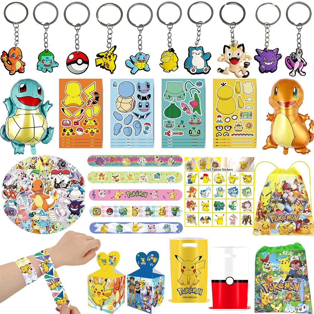 

Pokemon Birthday Party Gift Pikachu Keychain Tattoo Stickers Stamps Snap Bracelet Candy Box Gifts to Guests Children Baby Shower