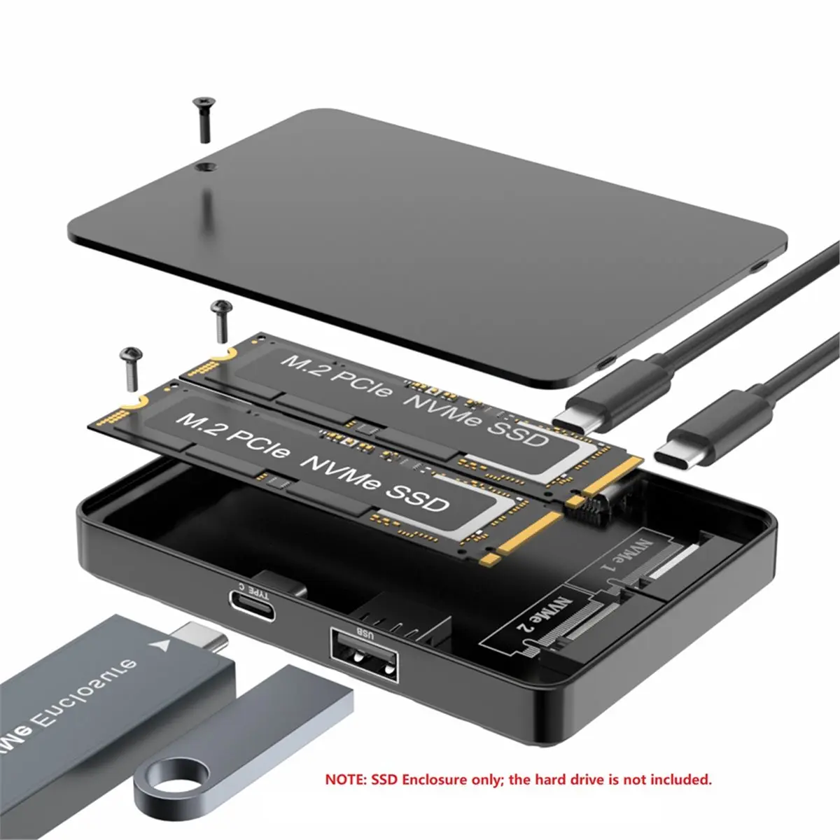 

Корпус SSD с двумя отсеками M.2 NVME RGB USB3.2 10 Гбит/с PCIe NVME Док-станция M.2 Твердотельный адаптер для жесткого диска для ПК