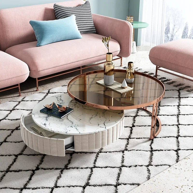 

#Rose Gold Metal Frame Marble Slab Modern Round Glass Coffee Table For Living Room