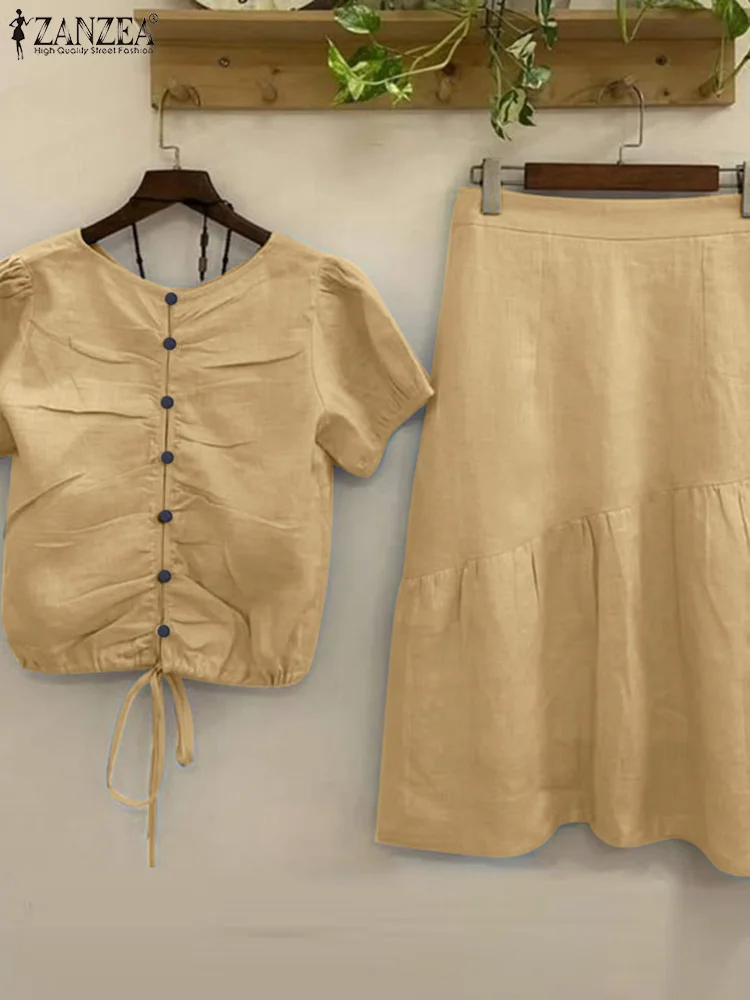 

ZANZEA Elegant Dress Sets Women Short Sleeve Tops and Long Skirts 2025 Fashion Summer Two-piece Outfits Casual Solid Loose 2pcs