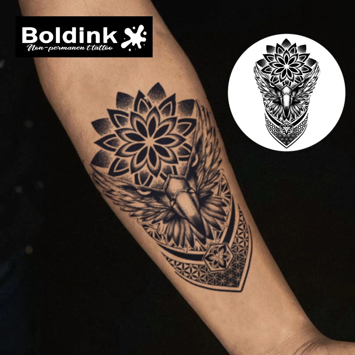 BOLDINK Lotus Eagle Totem Tattoo Sticker Unique Style Trendy Decoration Long-Lasting Color Waterproof Sweat Proof Body Art Decal