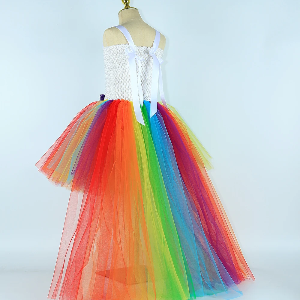 Rainbow Flowers Long Tutu Dress for Girls High Low Costume with Trail for Kids Halloween Birthday Outfit Girl Trailing Ball Gown