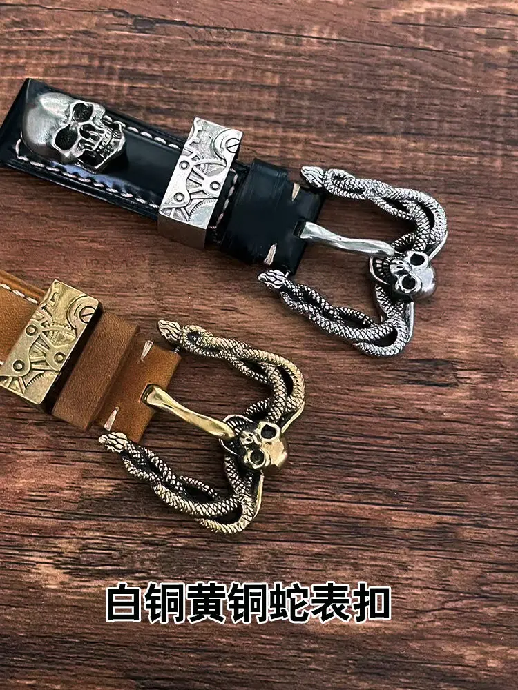 Handmade Punk Handmade Snake-Shaped Watch-Buttom White Copper Brass Watch Belt 22 24mm Leather Watch Strap Pin Accessories