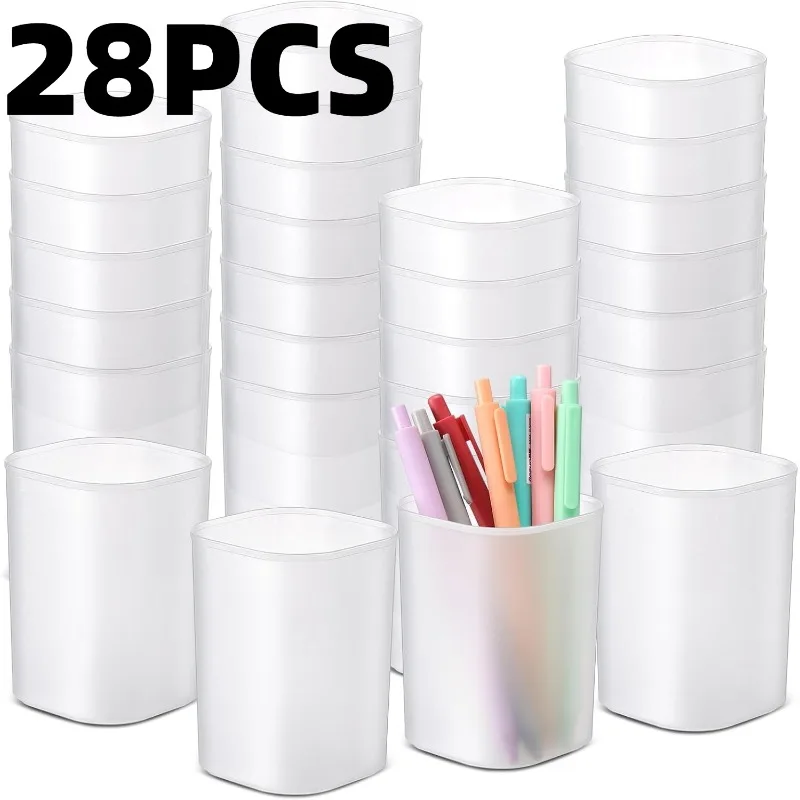 28Pcs White Matte Plastic Ins Style Transparent Pen Holders Desk Stationery Organizer Office School Supplies