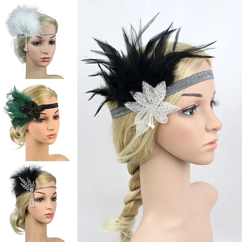 Vintage Woman Elastic Feather Headband Girls Black Rhinestone Sequin Party Headpiece Beaded Flapper Hair Feather Headband