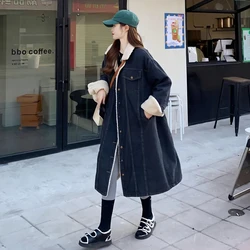 Korean Fashion Lambwool Long Jeans Jackets Womens Fall Winter Denim Coats Casual Plush Velvet Lined Vaqueras Jaqueta Oversized