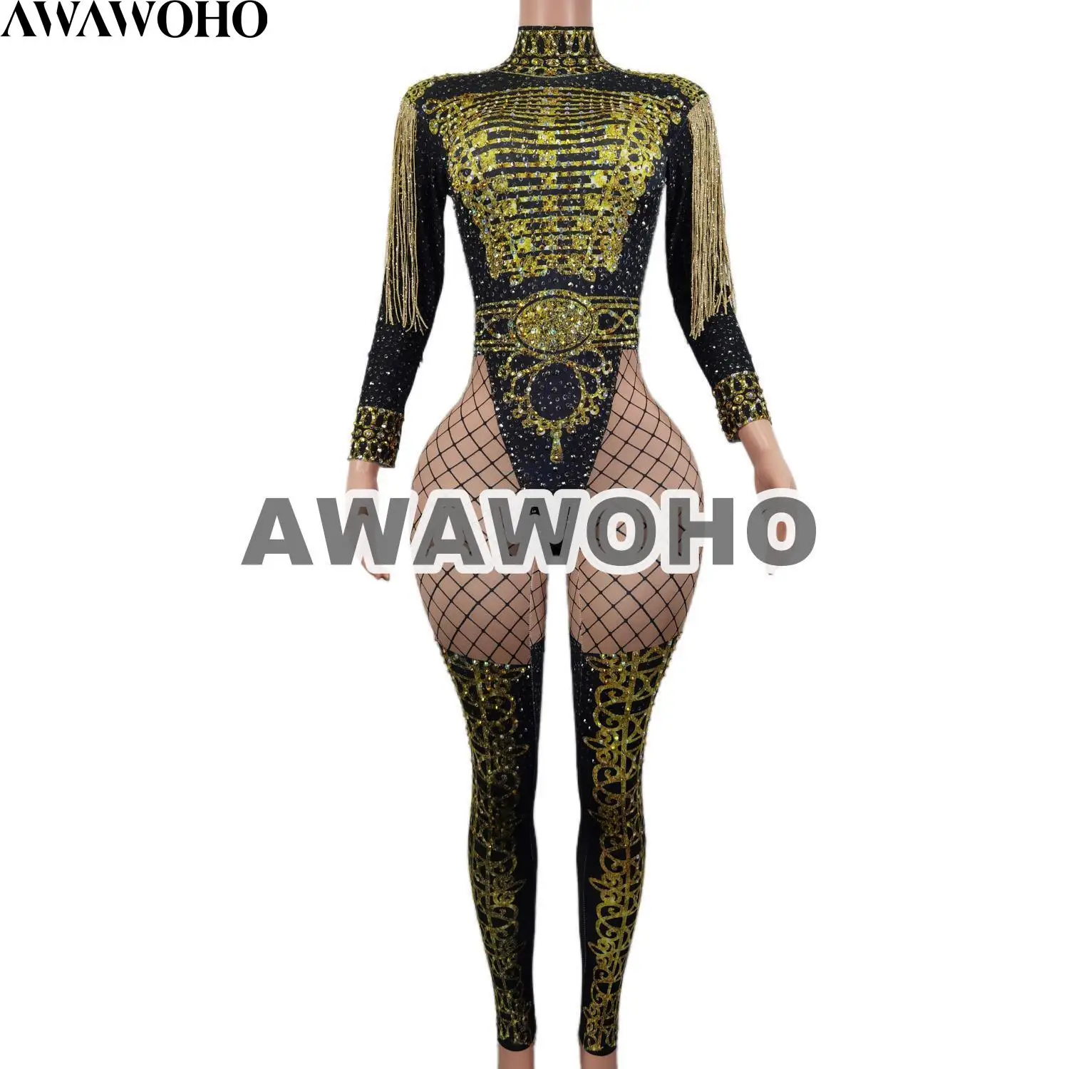 

AWAWOHO Drag Queen Jumpsuits Women Stage Wear Nightclub Showgirl Rhinestone Fringe Pole Dance Performance Bodysuits Napolun