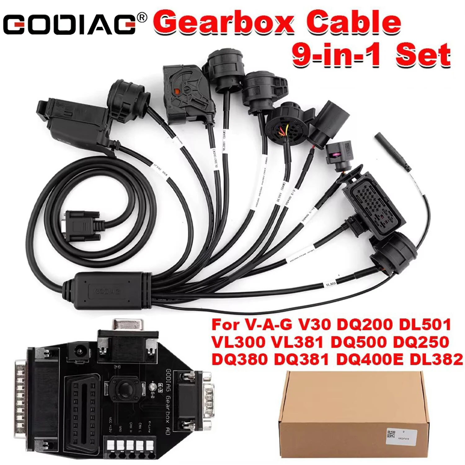 

GODIAG Gearbox Cable 9-in-1 Set for VAG V30 DQ200 DL501 VL300 VL381 DQ500 DQ250 DQ380 DQ381 DQ400E DL382 For AUTEL Gbox Xhorse