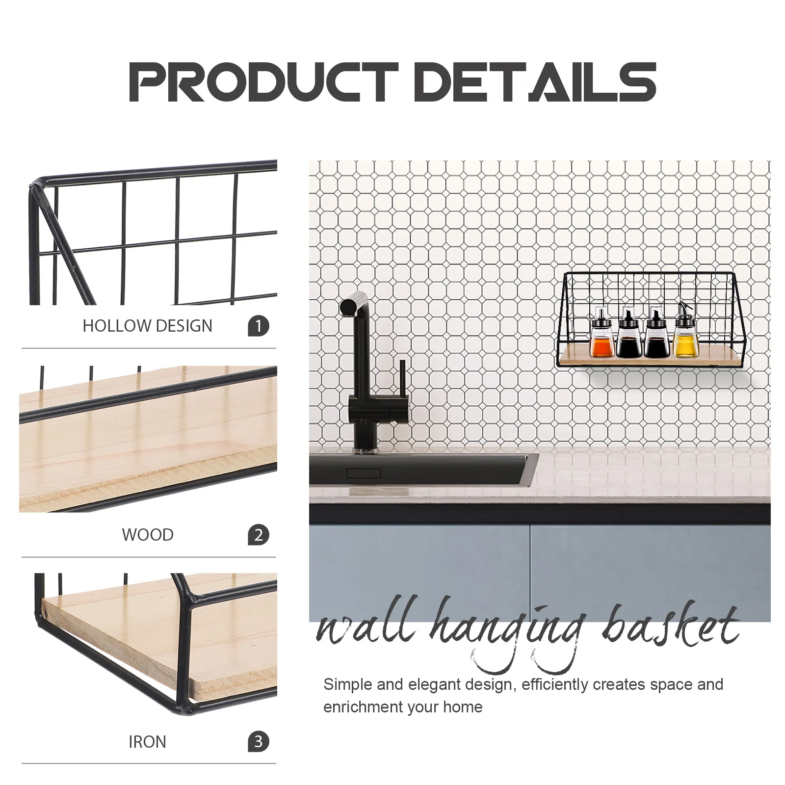 

Wall Hanging Basket Black 30x11.5x15cm Iron Wooden Storage Rack Kitchen Storage Shelf Bathroom Organizer Wall Hanging Basket