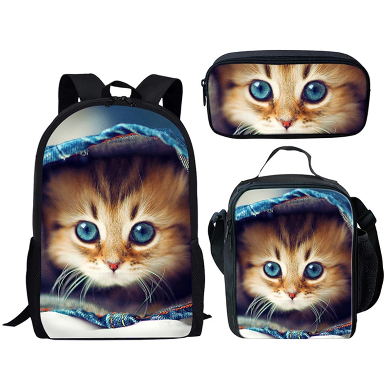 Harajuku Novelty Funny Kitten Cat 3pcs/Set Backpack 3D Print School Student Bookbag Anime Laptop Daypack Lunch Bag Pencil Case