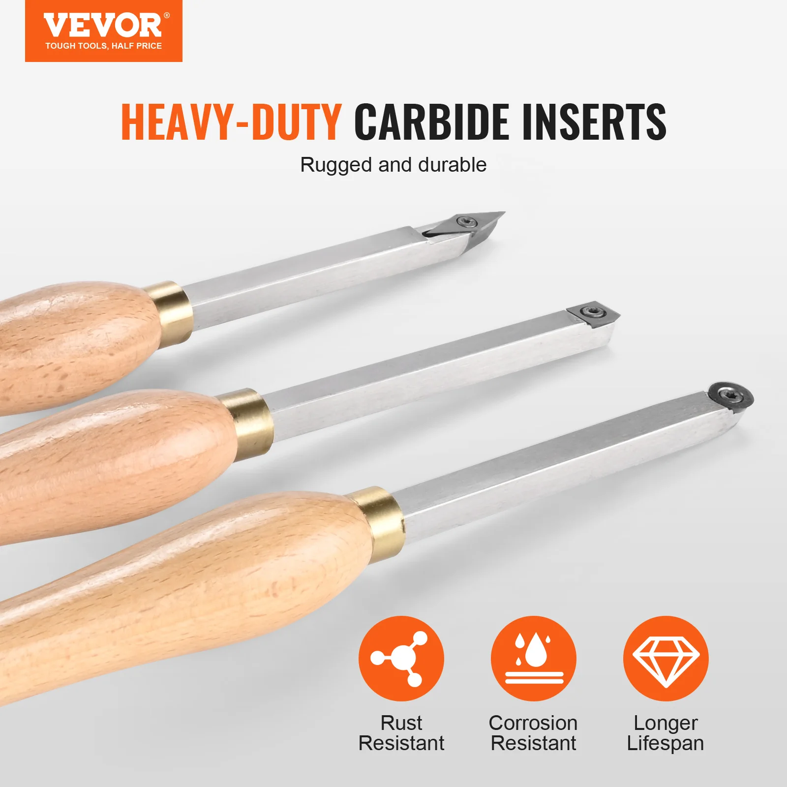 VEVOR Wood Lathe Chisel Set 3 PCS Woodworking Turning Tools Includes Square, Round, Diamond Carbide Blades for Wood Turning Use