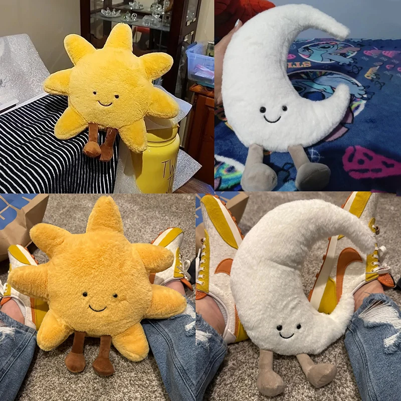 かわいい黄色い太陽、白い月の柔らかいぬいぐるみ、漫画の人形、ソファ用クッション、ぬいぐるみ、ボルスター、女性、子供、写真撮影用小道具