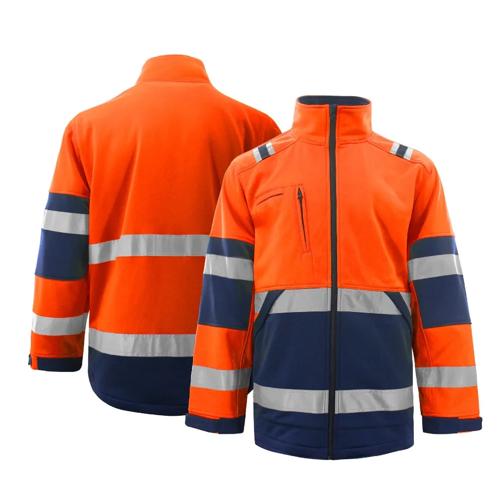 Safety Work Clothes Hi Vis Jacket High Visibility Reflective Fleece Jacket Winter Stripe Patchwork Hoodies Two Tone Stand Collar