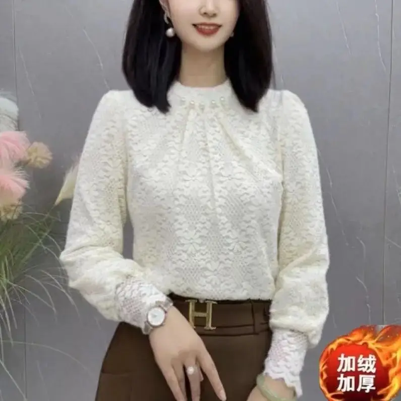 

Thiened Lined Long Sve Lace Top for Middle-Aged Women Faionable Slimming Base Layer irt Warm Autumn Winter TT88