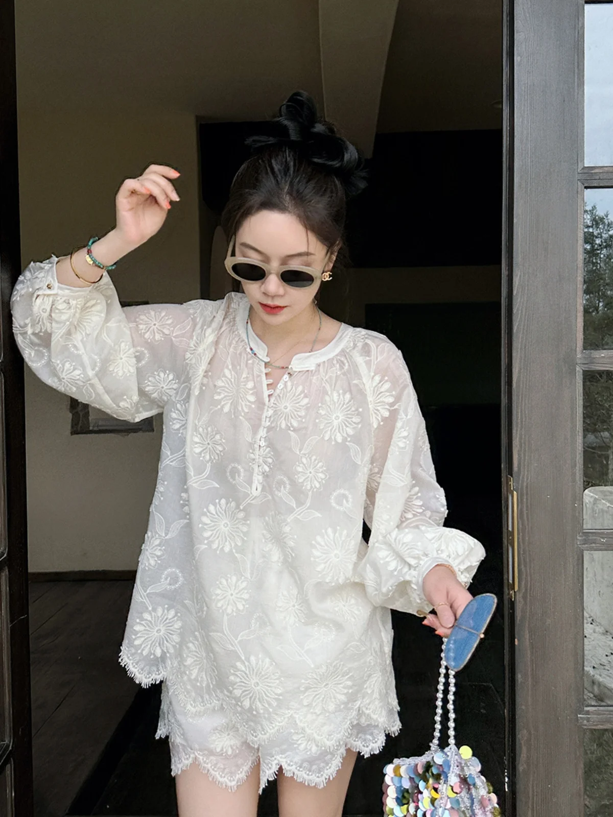 

Liberlin Sisy New Chinese Sle Heavy Work Women's Set Spring Summer New Arrival ort Sve Top with orts Two Piece Set