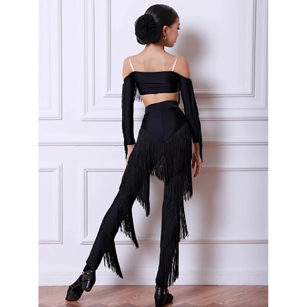 Costume da ballo latino per adulti da donna per bambini e ragazze, completo da pratica, top e pantaloni da ballo con nappe, set di abbigliamento da ballo standard nazionale