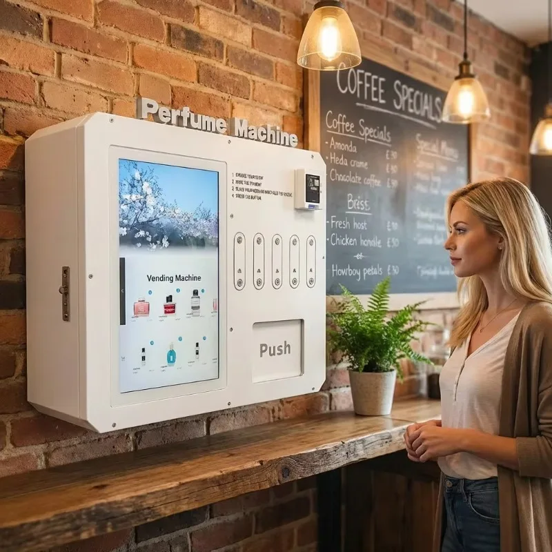 Máquina expendedora de perfumes de alta gama con dispensador de muestras, función opcional de compra de mini botellas, wifi y personalización.