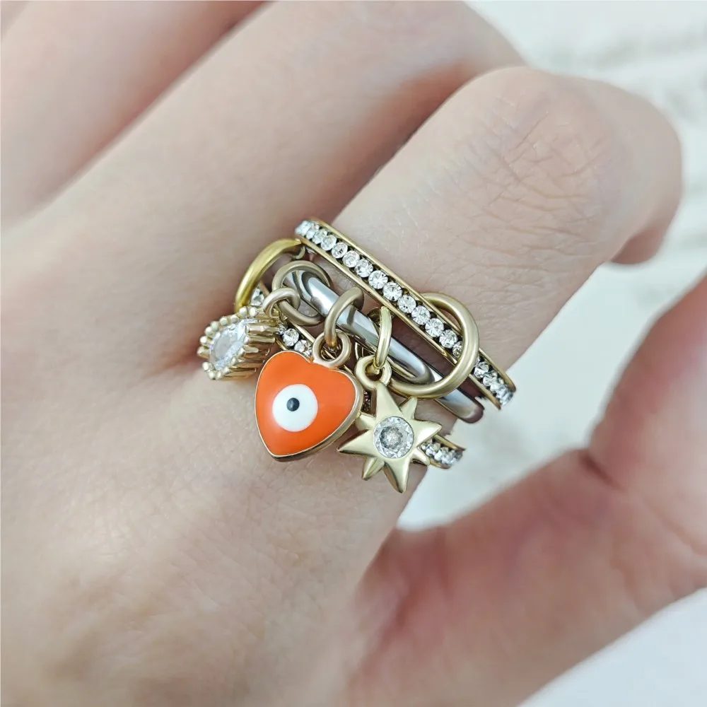 الملونة القلب مع دلايات عين الشر التراص خواتم للنساء الفتيات كامل زركونيا الفولاذ المقاوم للصدأ سبينلي كيلكولين خاتم