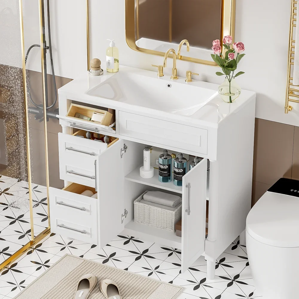 

36'' Bathroom Vanity With Top Resin Sink, Freestanding Bathroom Storage Cabinet With 2 Drawers And A Tip-out Drawer, Solid Wood