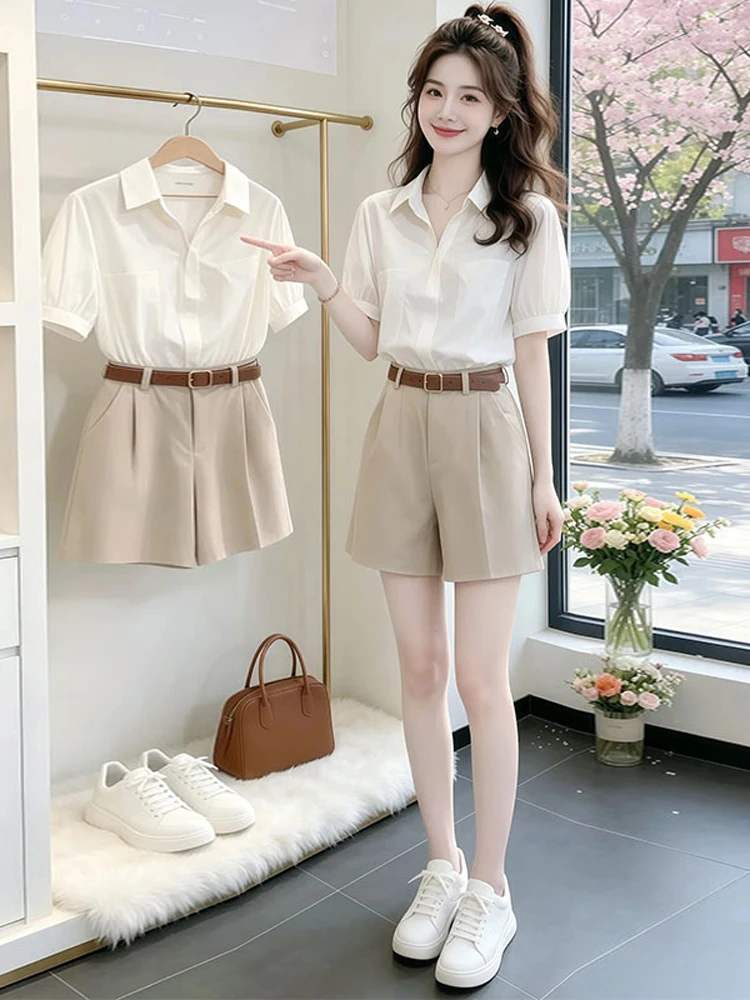 Fashionable Casual Ladies' Two-Piece Set White Collar Short Sleeve Shirt And Shorts High Waist Short Pants Breathable Su...