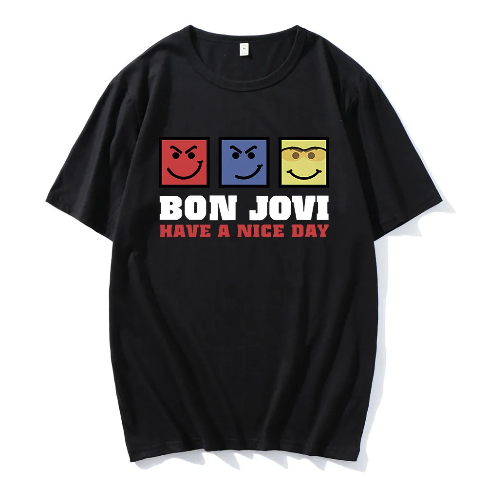 احصل على يوم جميل تي شيرت BONJOVI روك باند موضة بلايز قصيرة الأكمام القطن الذكور تي شيرت للجنسين الشارع الشهير فضفاض س الرقبة الرجال قميص #5