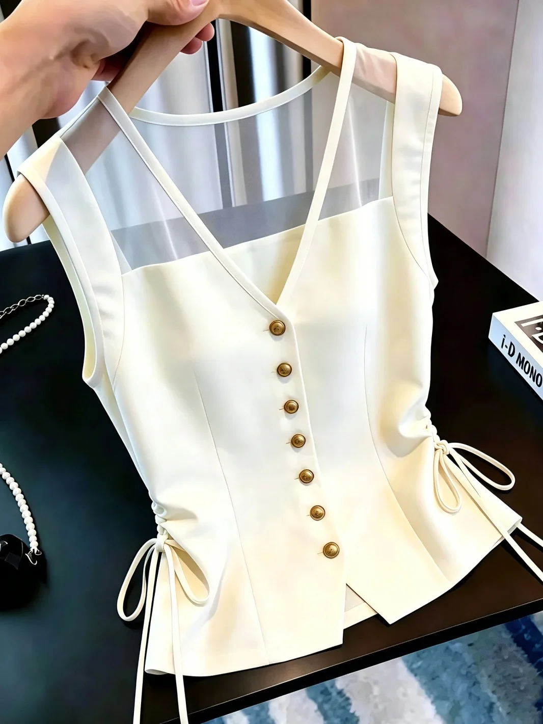

Summer 2026 Drawstring V-Neck Sleeveless Mesh Splice Design Single Button Korean Style Straight Cut Silk Top Women's Fashion