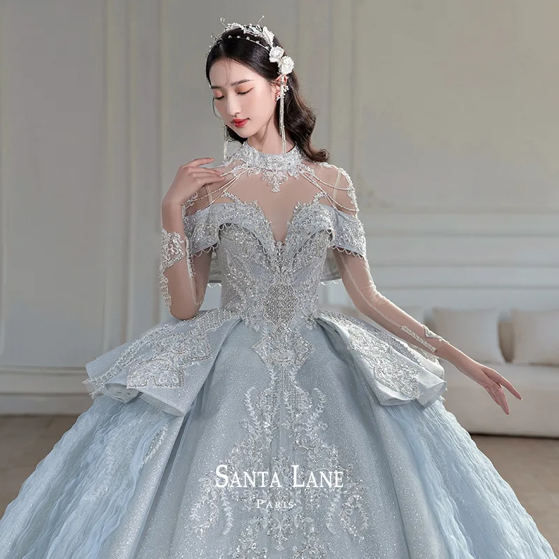 

2024 Luxury Wedding Dresses Off Shoulder Long Sleeves High Neck Beading Embroidery Vintage Shiny Bride Dresses Large Trailing