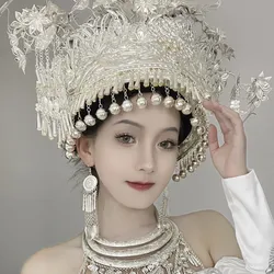 Alloy  Chinese Miao Hat With Bell For Women A Silver Wedding Hat Minority Headgear Festival Performance Dancer Wear