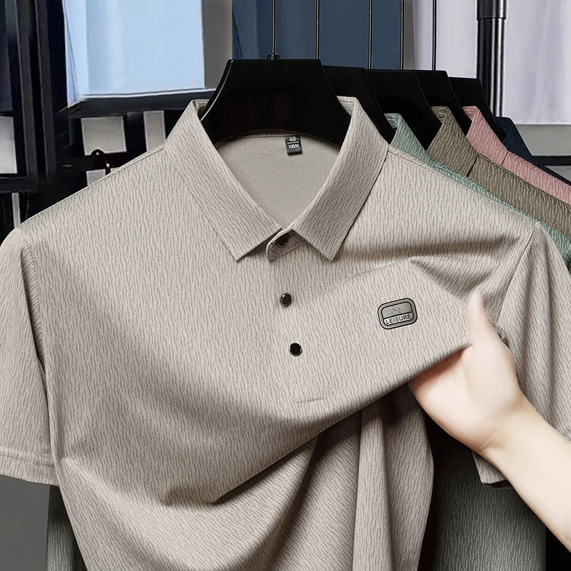 Herren Kurzarm-Poloshirts mit Vertikalen Streifen Lässige Leichte Atmungsaktive Oberteile mit Logo-Emblem für Männer – Detail 11