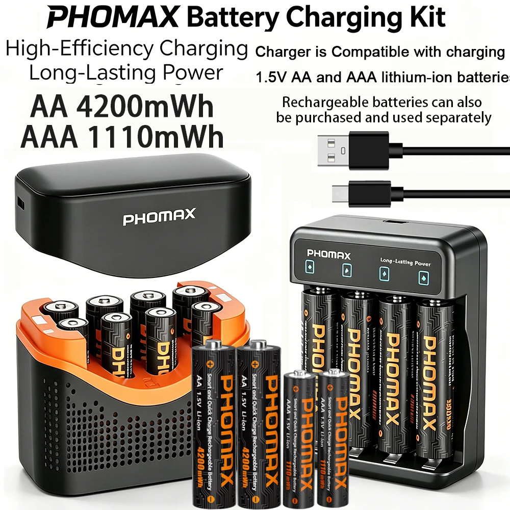 

PHOMAX New Flip Design 8 Bay Smart Type-C Fast Charger For AA 4200mAh AAA 1100mAh 1.5V Li-ion Rechargeable Battery For Clock