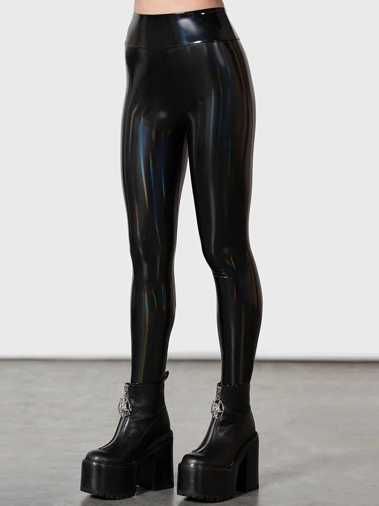 Women Glossy Elastic Waistband Faux Leather Bodycon Leggings Sexy Ladies Faux Latex PU Slim Pants Party Clubwear Trousers