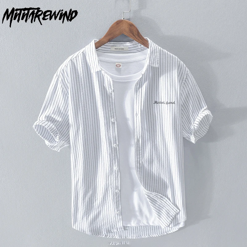 

Summer Short Sleeve Men's Striped Shirt Daily Causal Shirt Square Collar Pure Cotton Shirt with Letters Embroidery Simple Tops