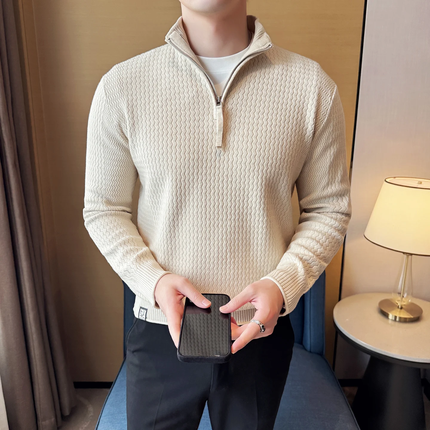 

Корейская мода полумолния Pull Homme, простые универсальные деловые повседневные мужские свитера с длинным рукавом, облегающий трикотаж, мужской свитер