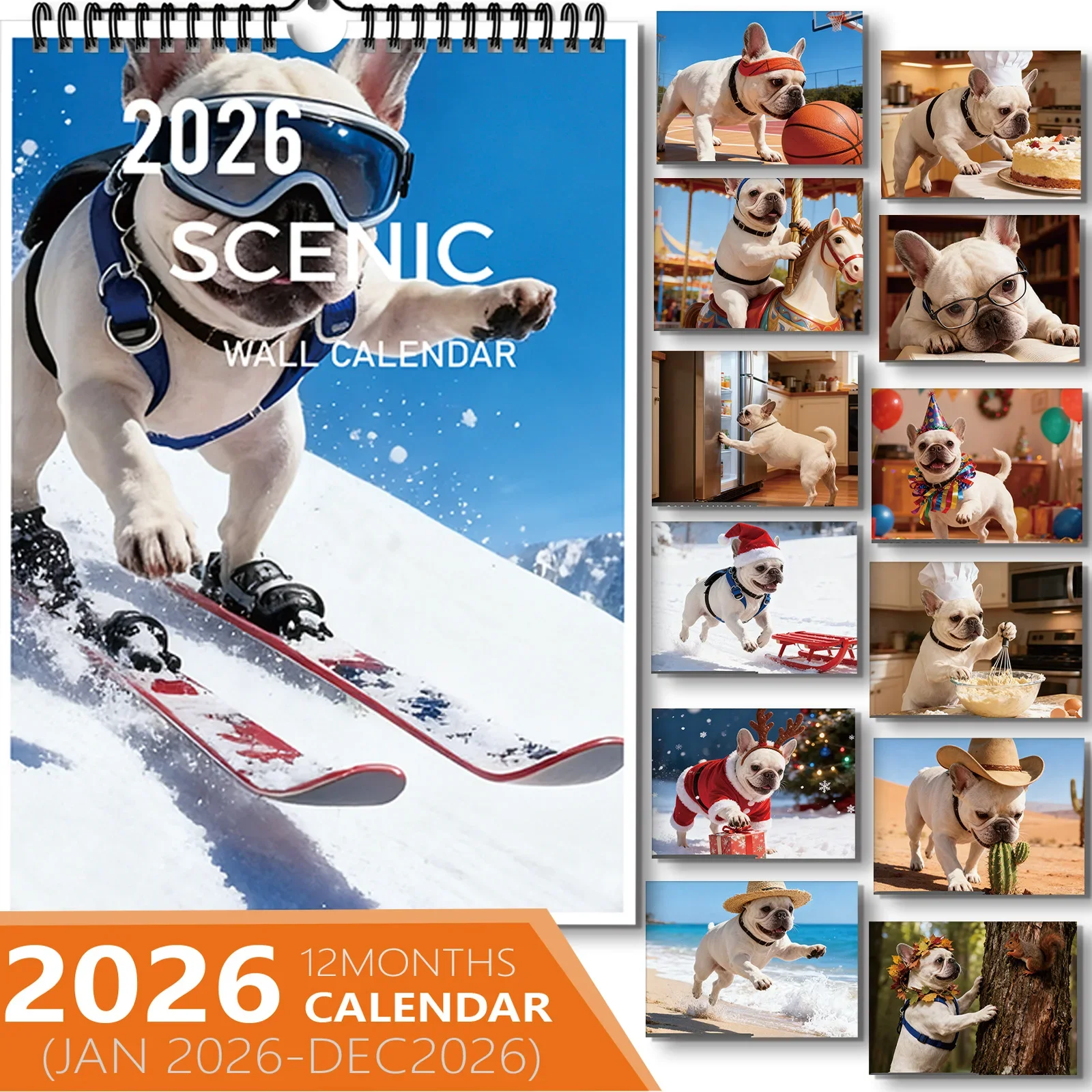 

1PC Lively Skiing French Bulldog Calendar, Suitable For Home Decor, Ideal For Dog Lovers, Perfect New Year Gift