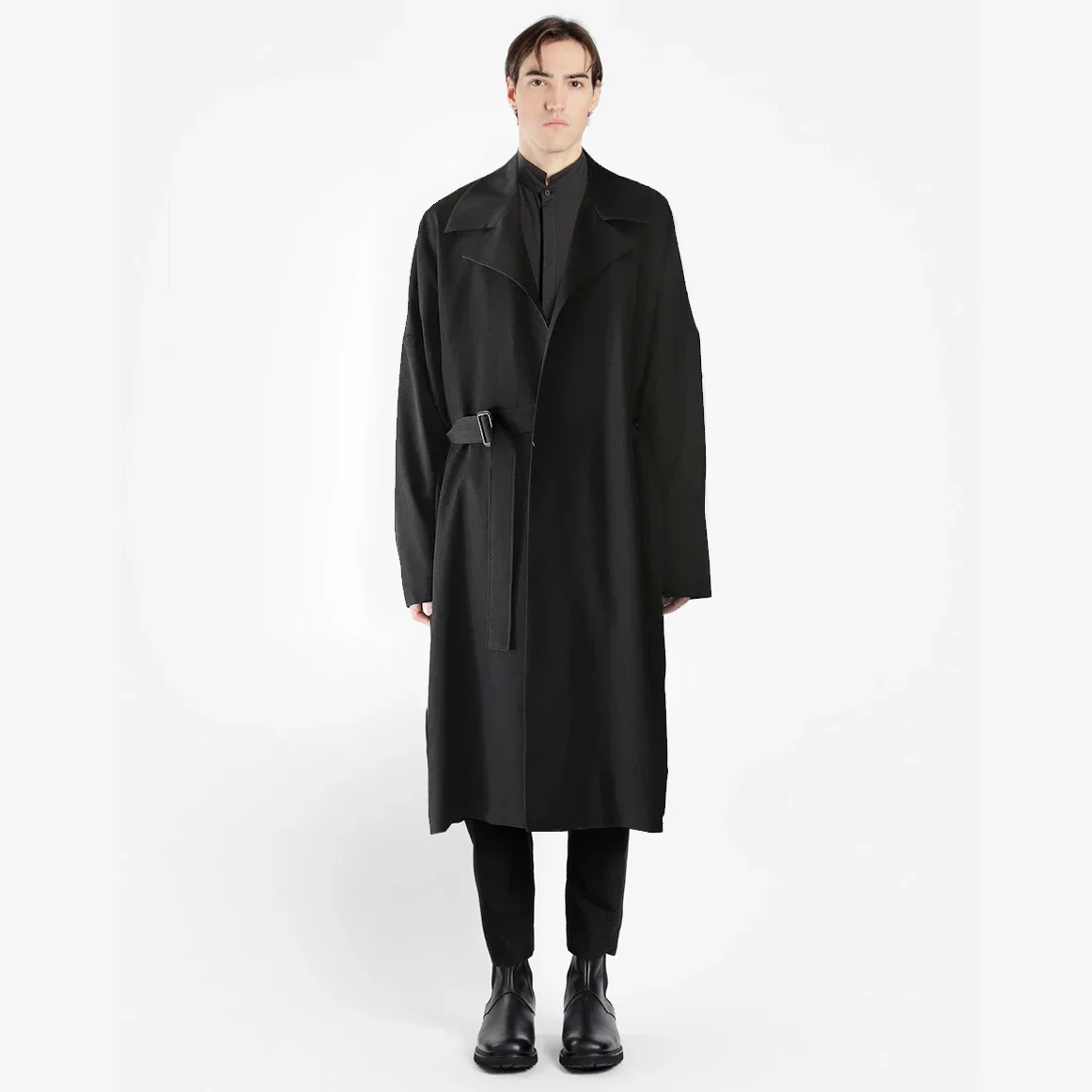 

YOJI OOAK ЧЕРНАЯ КУРТКА с длинным шерстяным мужским плащем с пряжкой и петлей