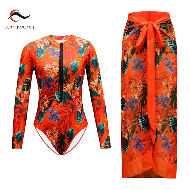 

Tengweng Printed Long Sleeve Swimsuit With Cover Up Sexy Swimwear Women Surf Swim Suit Slimming Bathingsuit Bodysuit Beachwear