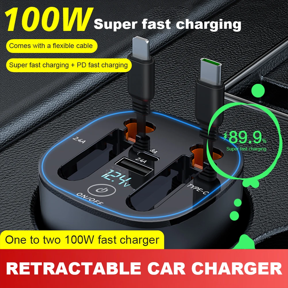 Retractable USB Charger Socket Digital Display 4 In 1 Car Power Adapter PD QC3.0 Cigarette Lighter Adapter 100W Port for Apple