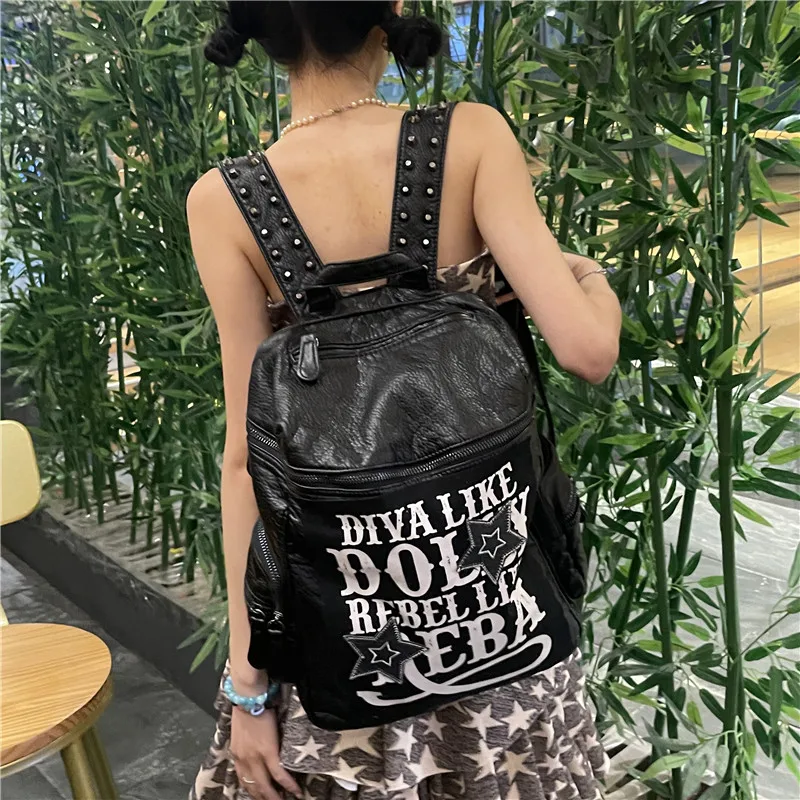 Y2K Design Soft Leather Trendy Schoolbag Commuter Backpack Original English Alphabet Backpack